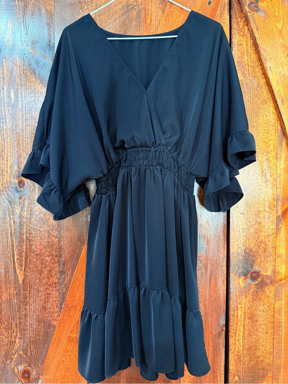 Black V-Neck Midi Dress with Ruffle Sleeves